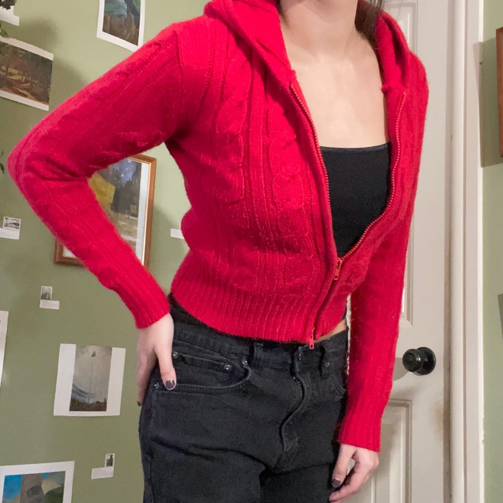Cropped Thick Red Knitted Zip Up Hoodie